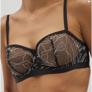 Soma Black Sheer Embroidered Balconette Bra with White Stitching